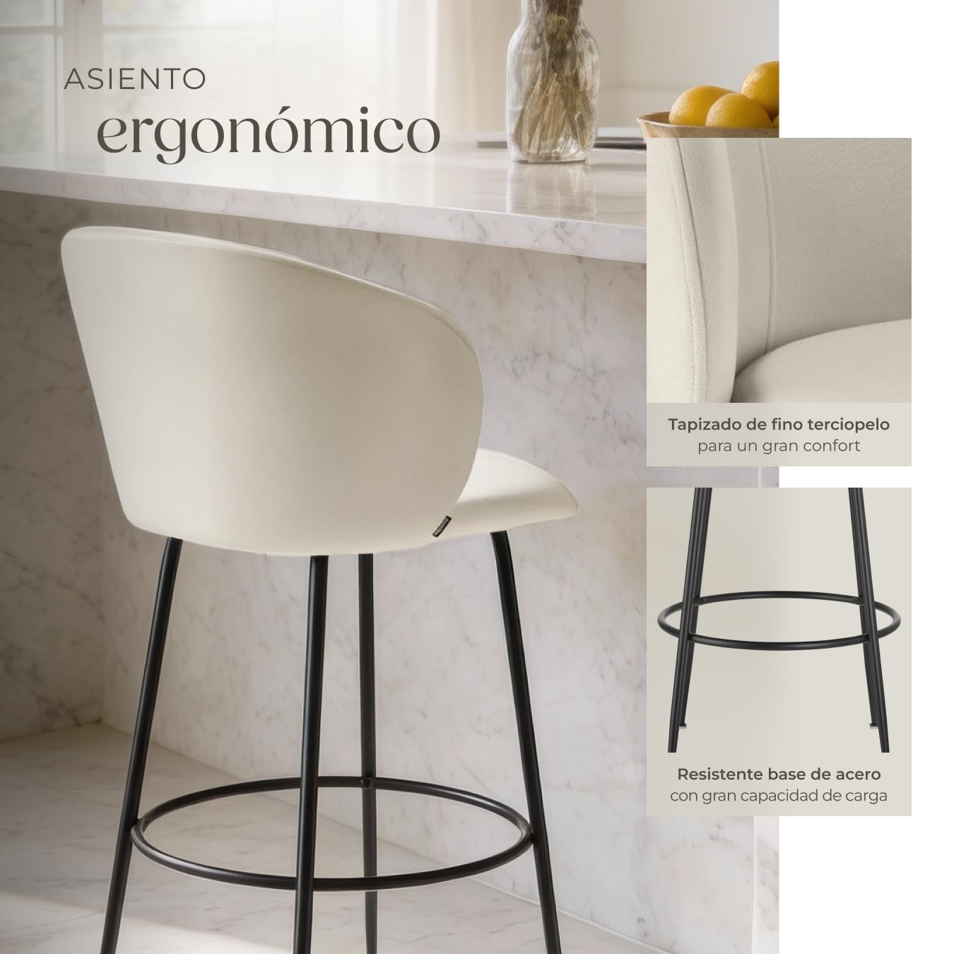 tectake® Taburete Alto con Respaldo Acolchado, Silla Alta de Cocina con Reposapiés, Banqueta con Patas de Acero y Topes Antideslizantes, Silla de Bar, Taburete de Cocina - 2 sillas Crema/Negro