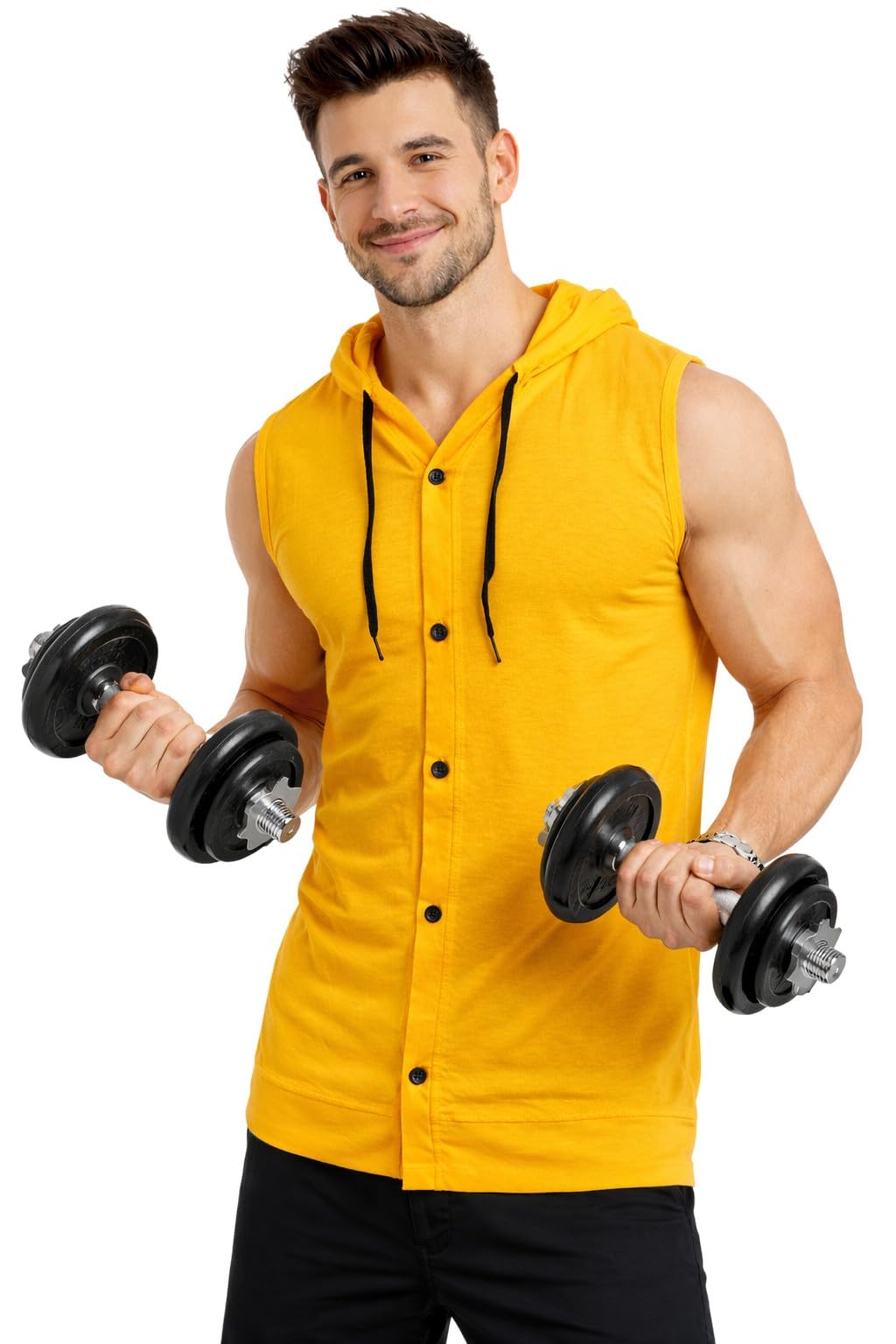 blisstone Men's Sleeveless Hooded Button-Down T-Shirt | Casual Streetwear & Gym Vest with Drawstring Hood-picture-32