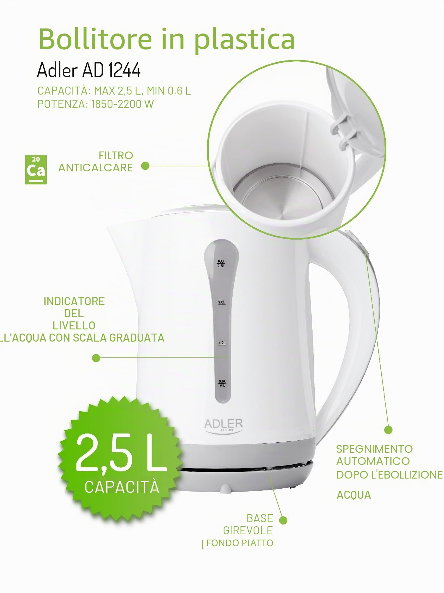 Adler AD 1244 Bollitore elettrico 2.5 L, Bianco / Grigio