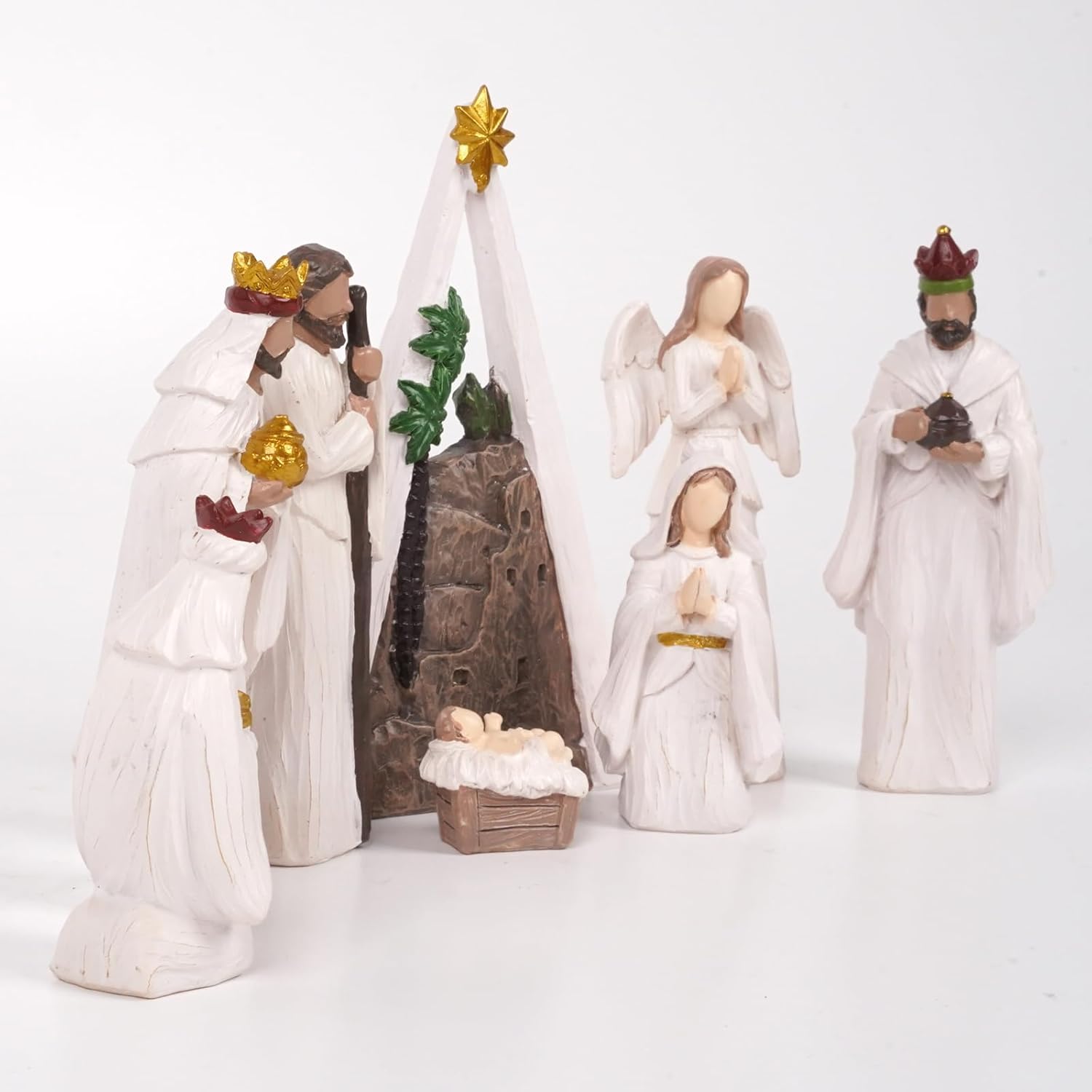 Modern White Resin Nativity Set Christmas DecorationFigurine with Golden Crown Decoration 8-Piece Religious Sisplay Series (White)