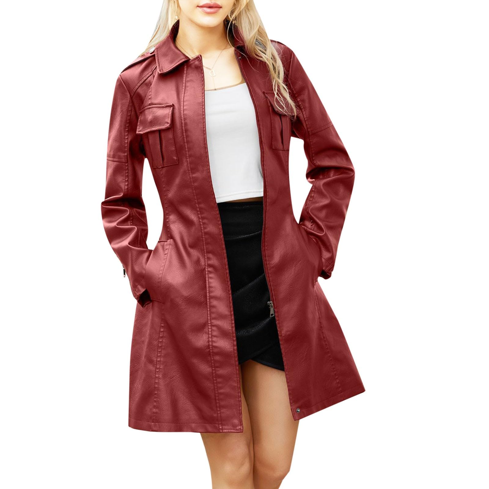 Generisch Chaqueta de invierno para mujer, chaqueta de piel de longitud media con cinturón y manga larga chaqueta cortavientos británica, abrigo de piel
