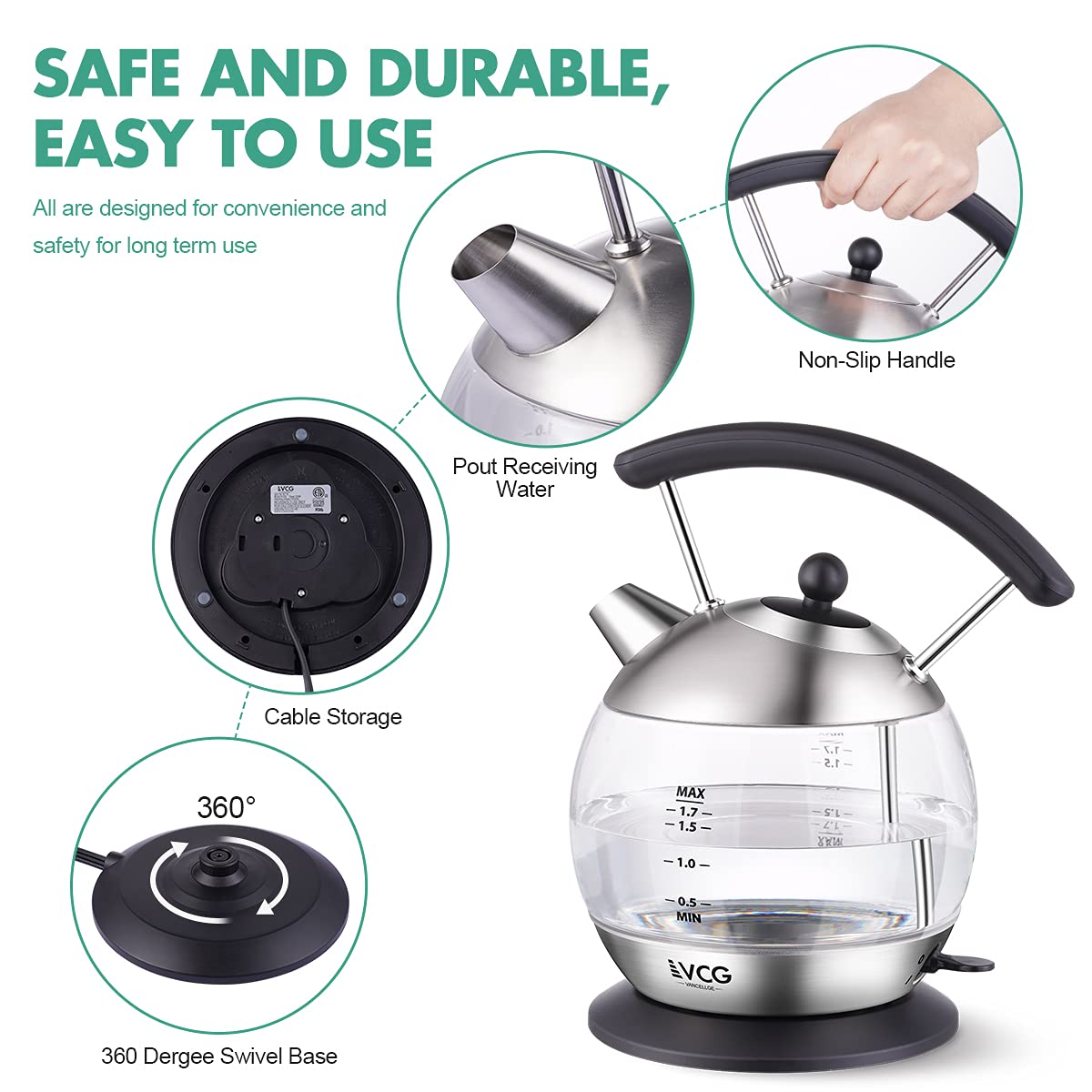 Auto Kettle Coffee Pot Electric Tea Kettle - 1.7L, 1500W, Stainless Steel, Auto ...
