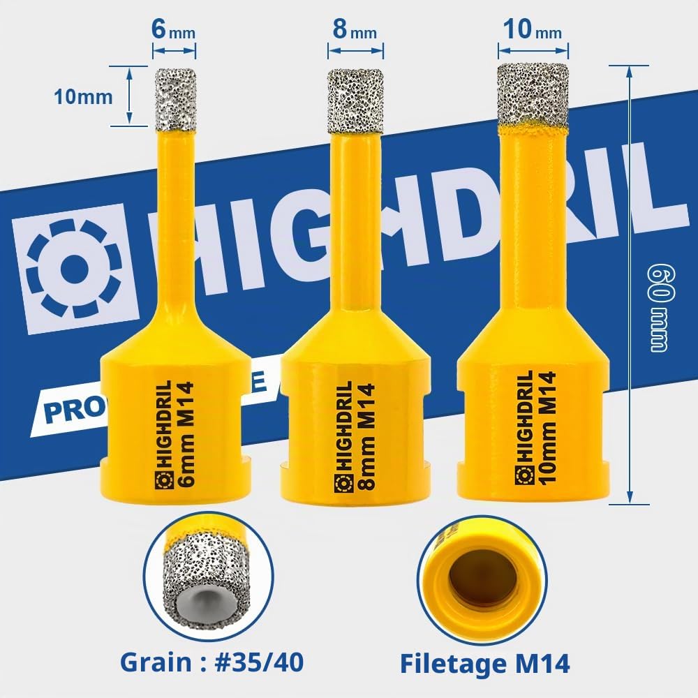 HIGHDRIL Lot de 3 forets diamantés de 6 mm/8 mm/10 mm avec filetage M14 pour porcelaine, carrelage, céramique, granit, marbre, pierre, maçonnerie