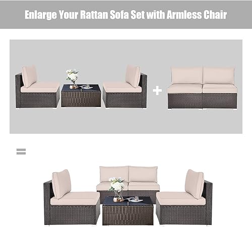 Miniatura 4 de RELAX4LIFE Sofá de mimbre sin brazos de 2 piezas, juego de sofá modular de ratán PE con cojines extraíbles, juego de sofá para todo tipo de clima