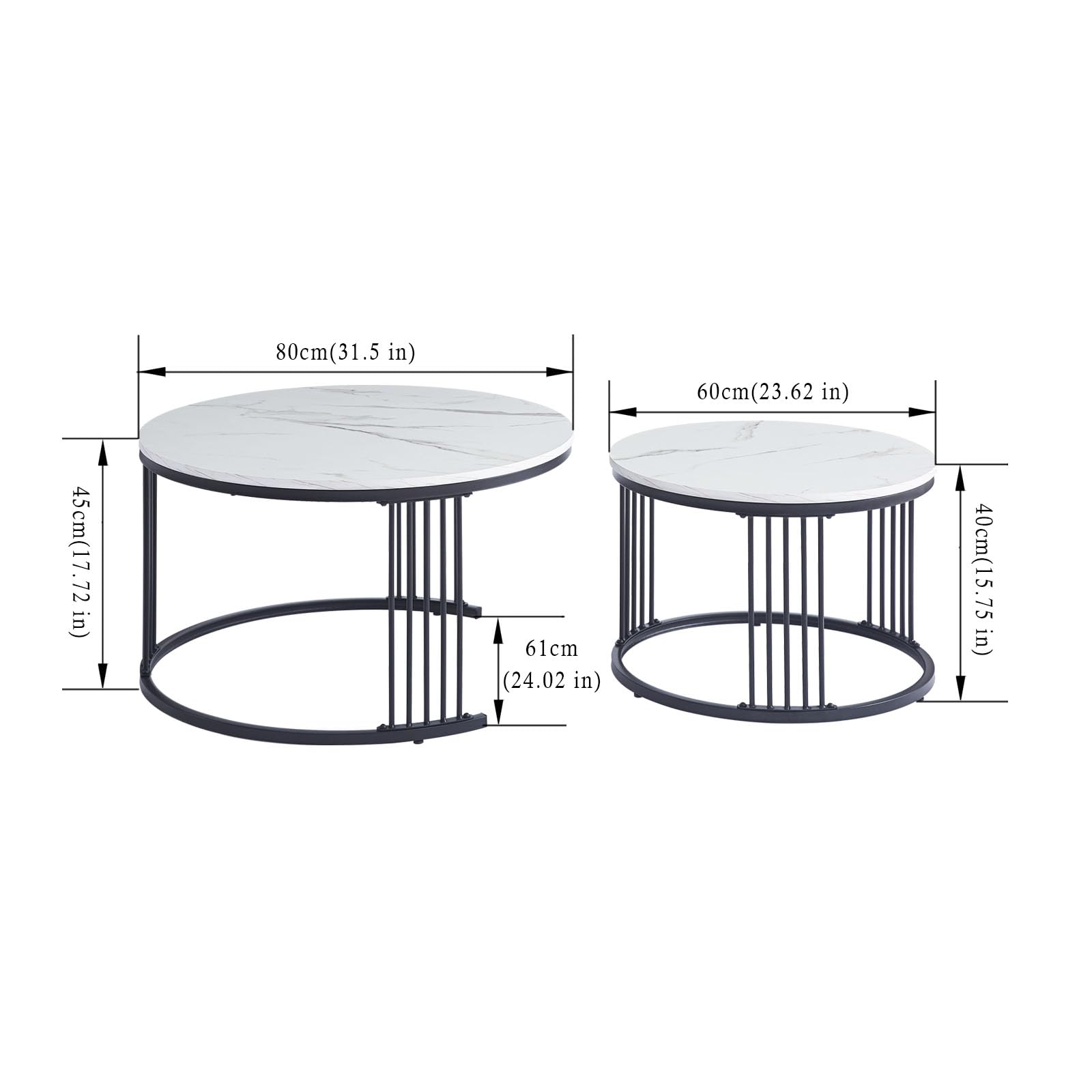 Set di 2 Tavolini Salotto Rotondi Moderni, Impilabili Salvaspazio, Struttura Metallo, Piano Marmo Impermeabile, 80cm+60cm, Bianco e Nero