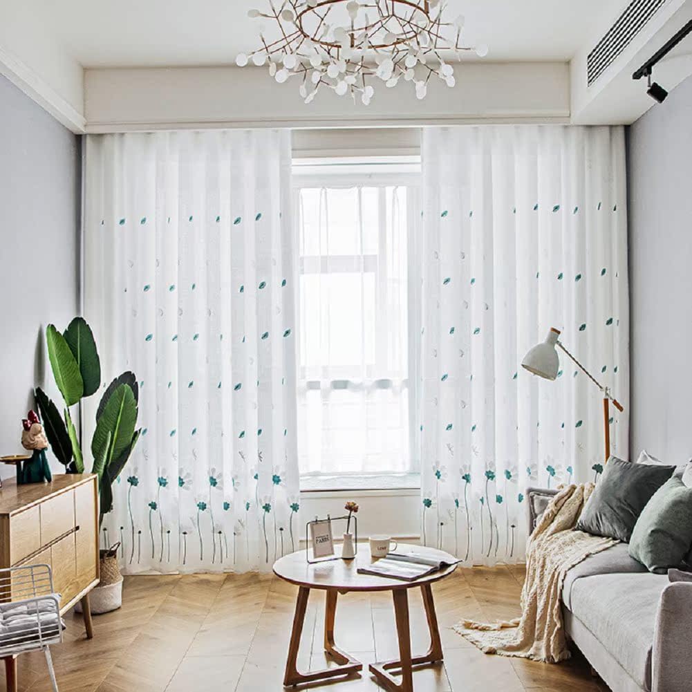 Light Luxury Simple Hemp Yarn Elegant Thickening Embroidered 2 Panels Sheer Curtains Transparent Gauze Voile for Living Kids Room Bedroom Balcony(2 Panels, W 54 x L 63 inch, White)
