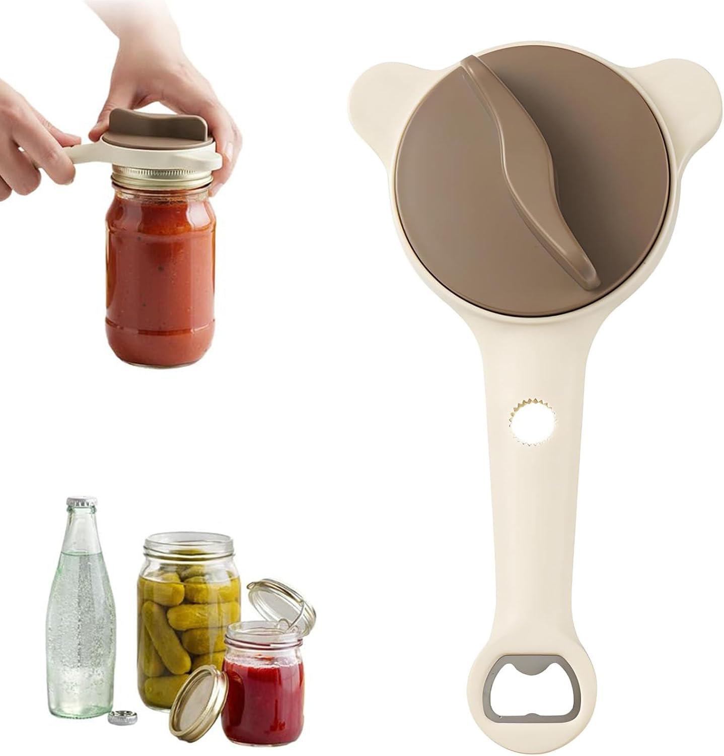 Adjustable Jar Opener, 2026 New 4-in-1 Multi-Purpose Jar Opener, Stainless Steel Ergonomic with Non-Slip Teeth for Seniors & Weak Hands, Fits Kitchen Jars, Bottles & Cans (Beige)