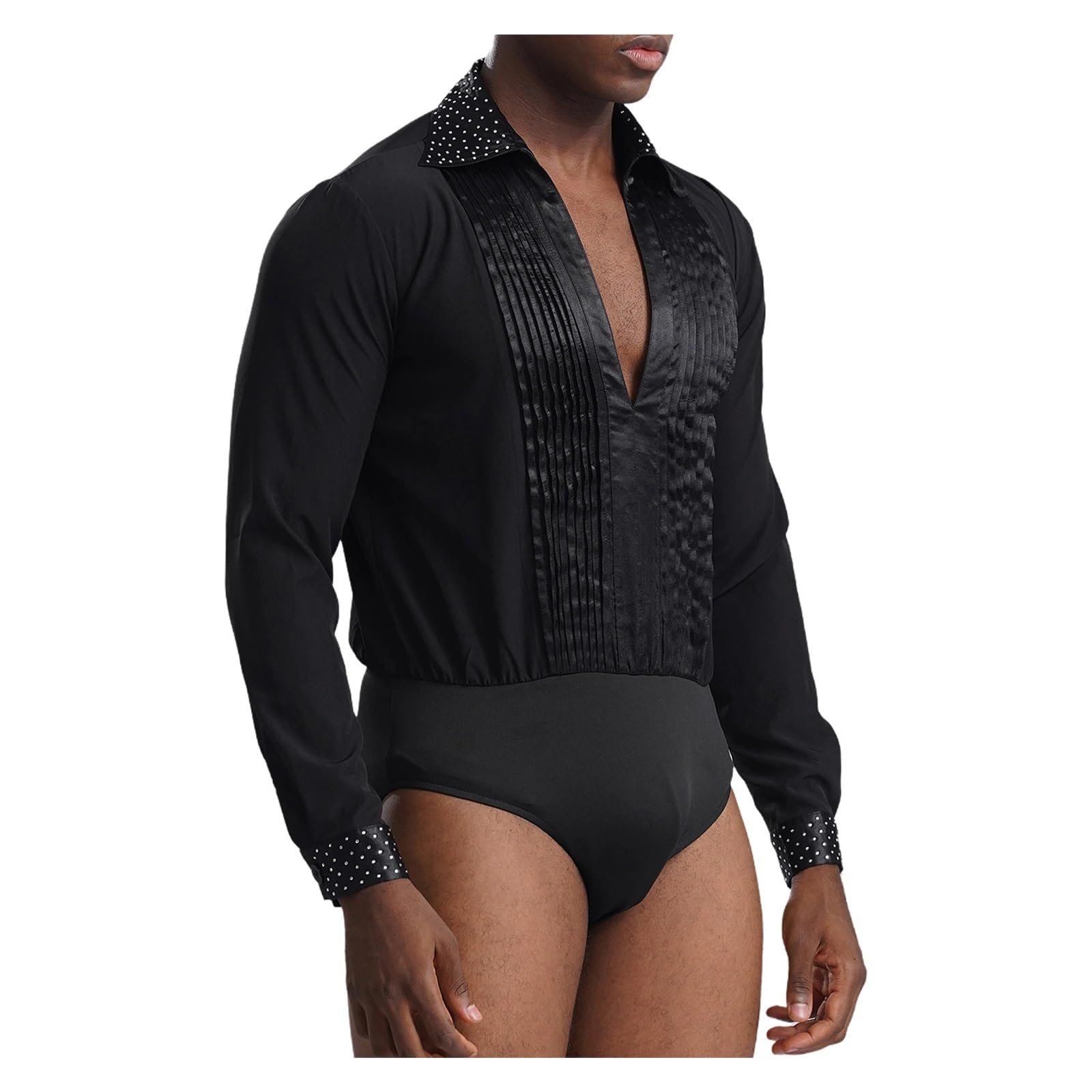 Camicia da Ballo Latino Costume da competizione di danza latina uomo con strass scintillanti, body ballo, abbigliamento sala, scollo a V, manica lunga, plissettato Per la danza