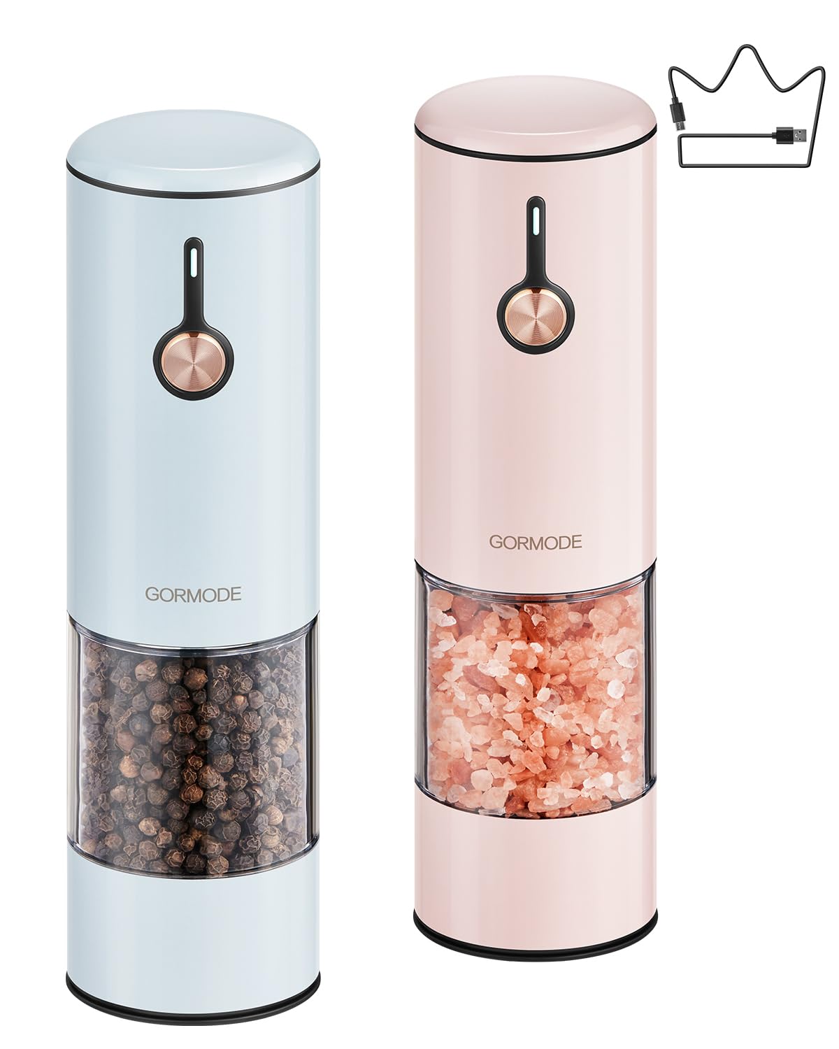 Electric Pepper Grinder and Salt Mill Set - Large Capacity USB Rechargeable Automatic Grinder with Dual LED Lights, One-Handed Operation & Slide Cover - Brushed Stainless Steel