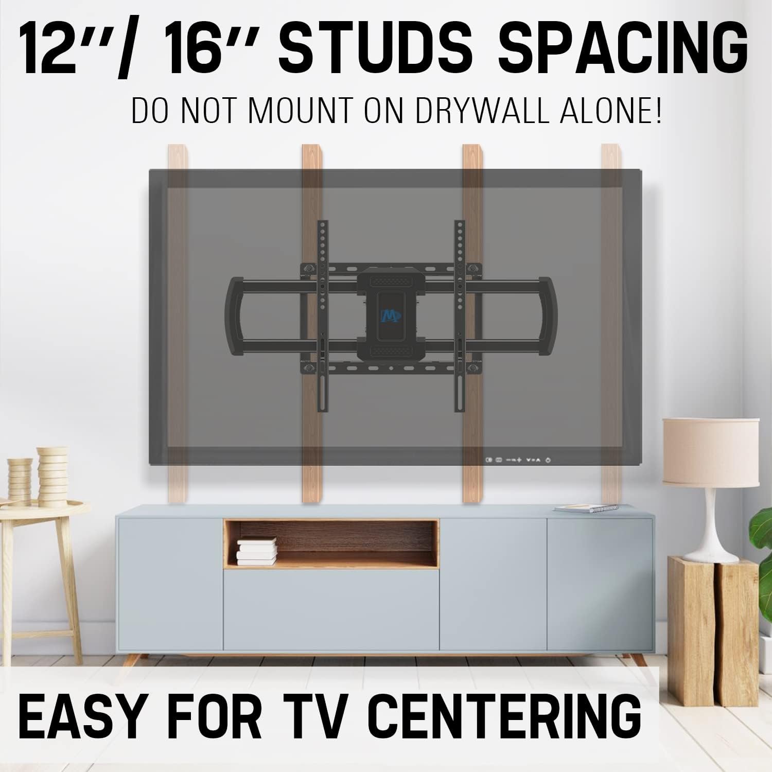 Image showing a TV mount on a wall with 12 and 16 inch stud spacing indicated.