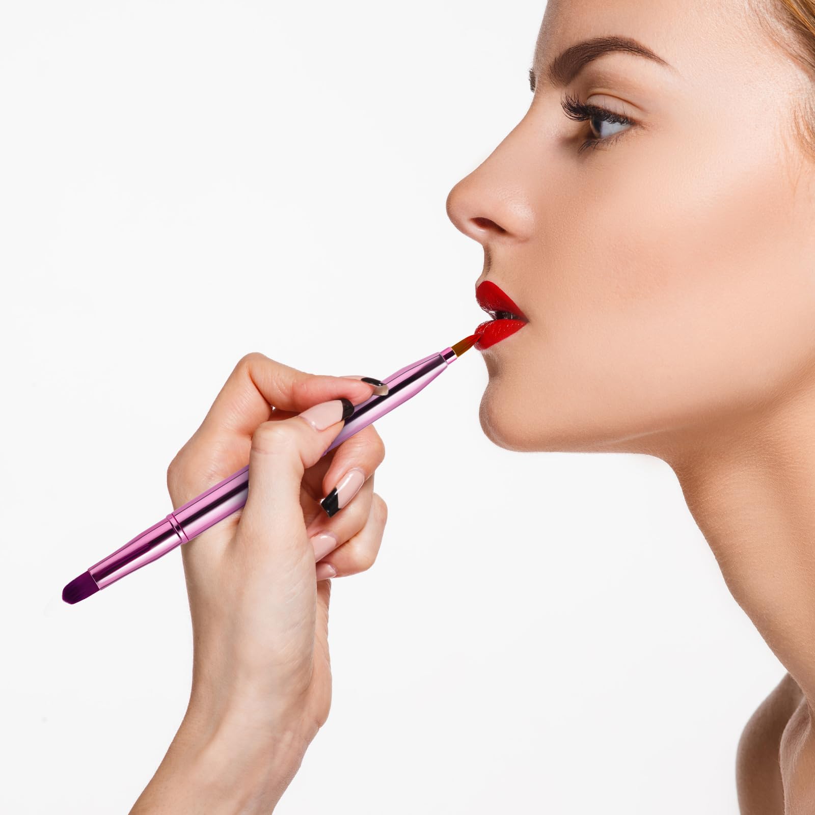 Pinceau de maquillage rétractable portable à double extrémité pour rouge à lèvres brillant pinceaux de maquillage anti-cernes pinceaux contour des lèvres outil de maquillage (rose)
