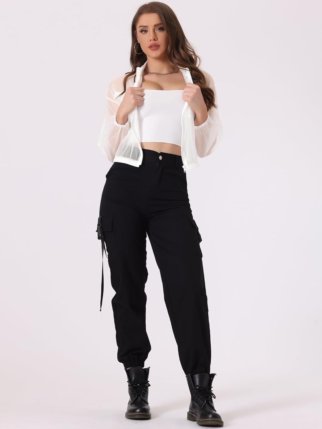 Allegra K Sheer Bomber Jacket for Women's Zip Up Long Sleeve See Through Jackets - Image 2