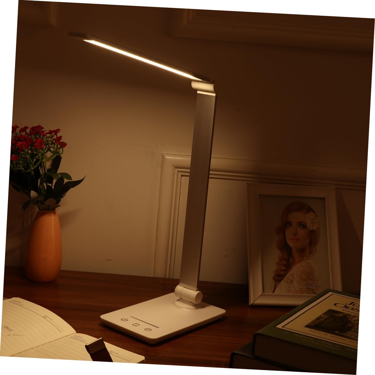 1pc Rechargeable Touch Control Led Desk Lamp Eye Brightness Modes USB Charging Flexible Design for Home Office Reading and Study Silver Finish