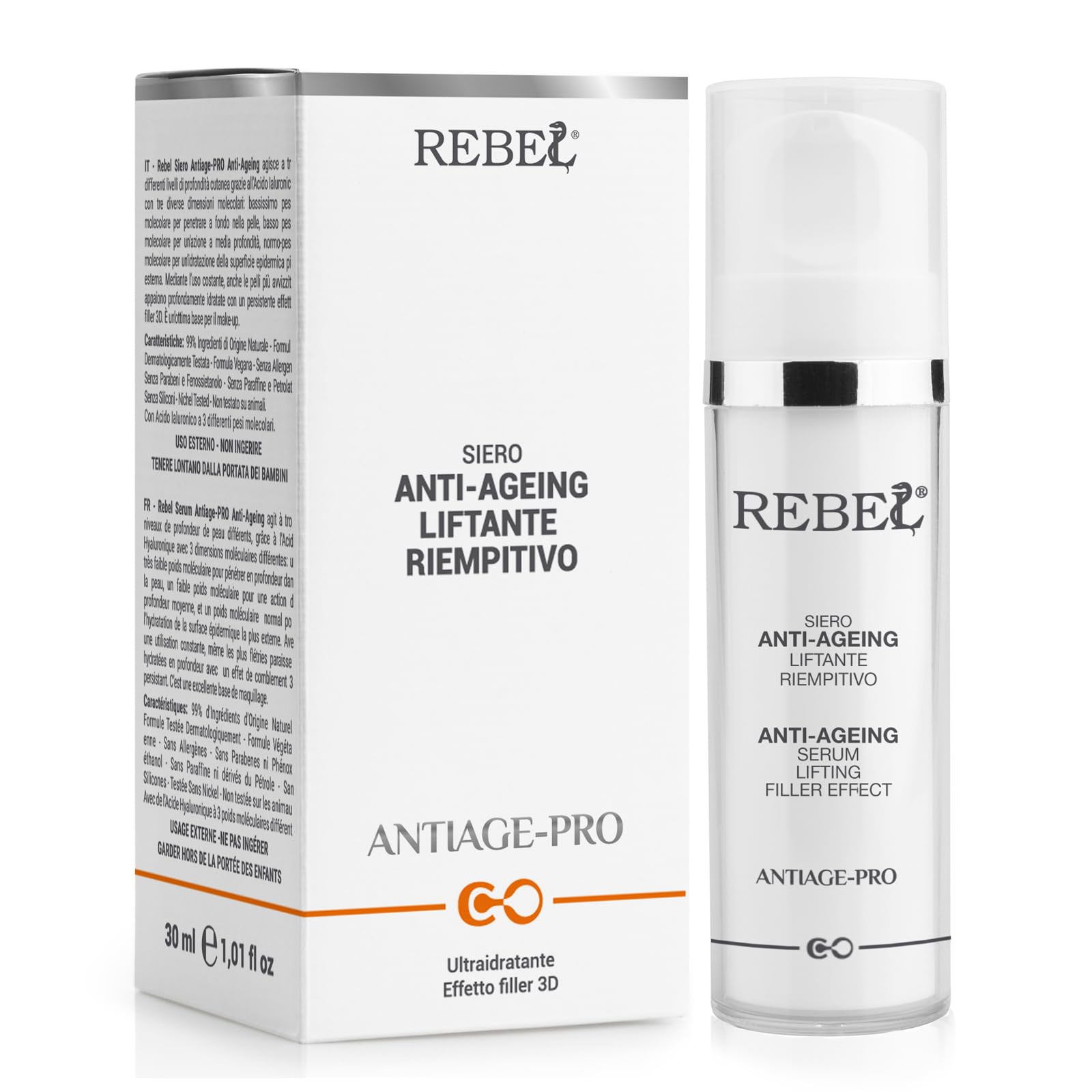 Rebel Antiage Pro Siero Antiageing | Liftante e Riempitivo | Trattamento Rughe Marcate | Con Acido Ialuronico a 3 Pesi Molecolari | Flacone Airless 30 ml
