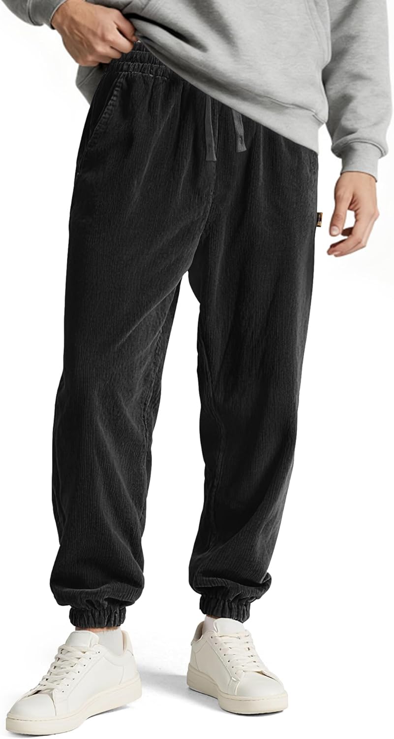 Comdecevis Mens Corduroy Pants Stretch Joggers Tapered Elastic Waist Drawstring Cargo Casual Baggy Sweatpants with Pockets