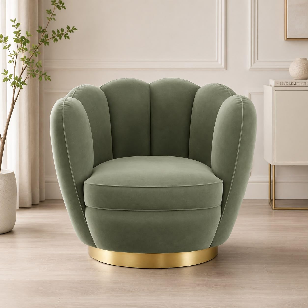 Royal Wood Furnishings/ Sage Shell Swivel Accent Chair | Luxury Velvet Lounge Chair with Gold Base (SAGE Green)-image-10