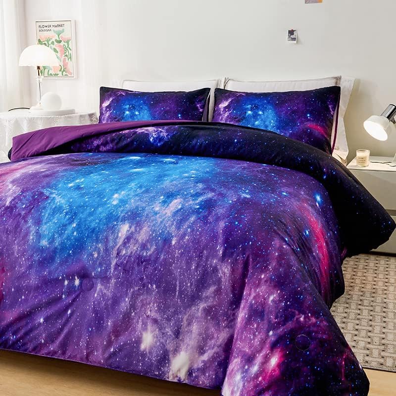 Galaxy Comforter Set,Girls Purple Bedding Set Full,Galaxy Bedding Set for Kids Girls Boys,Space Comforter Set Full with Pillowcase,Girl Comforter Sets - Image 4