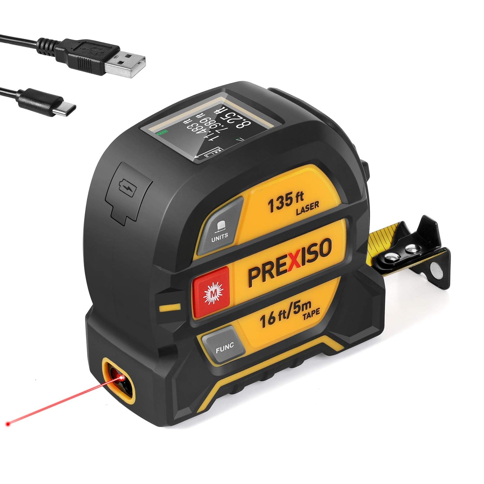 PREXISO Télémètre Laser 2 en 1, Mètre Ruban Laser Rechargeable avec Laser de 40M et Ruban de 5M, Outil de Mesure Laser avec Crochet Magnétique Mobile, Mode Pythagore, Unité à Changement Libre