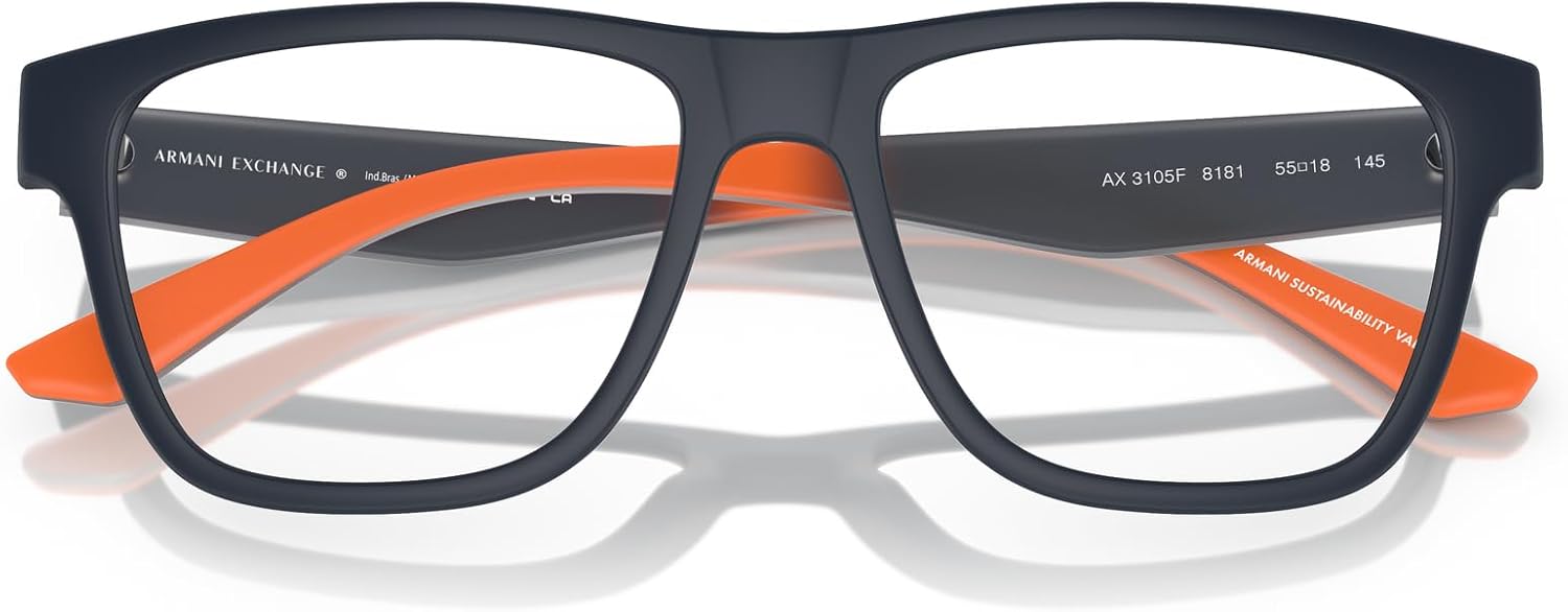 Armani Exchange Men's Ax3105f Low Bridge Fit Square Prescription Eyewear Frames Matte Blue/Demo Lens 55 Millimeters image 5 of 5 B0CH3Z13BV