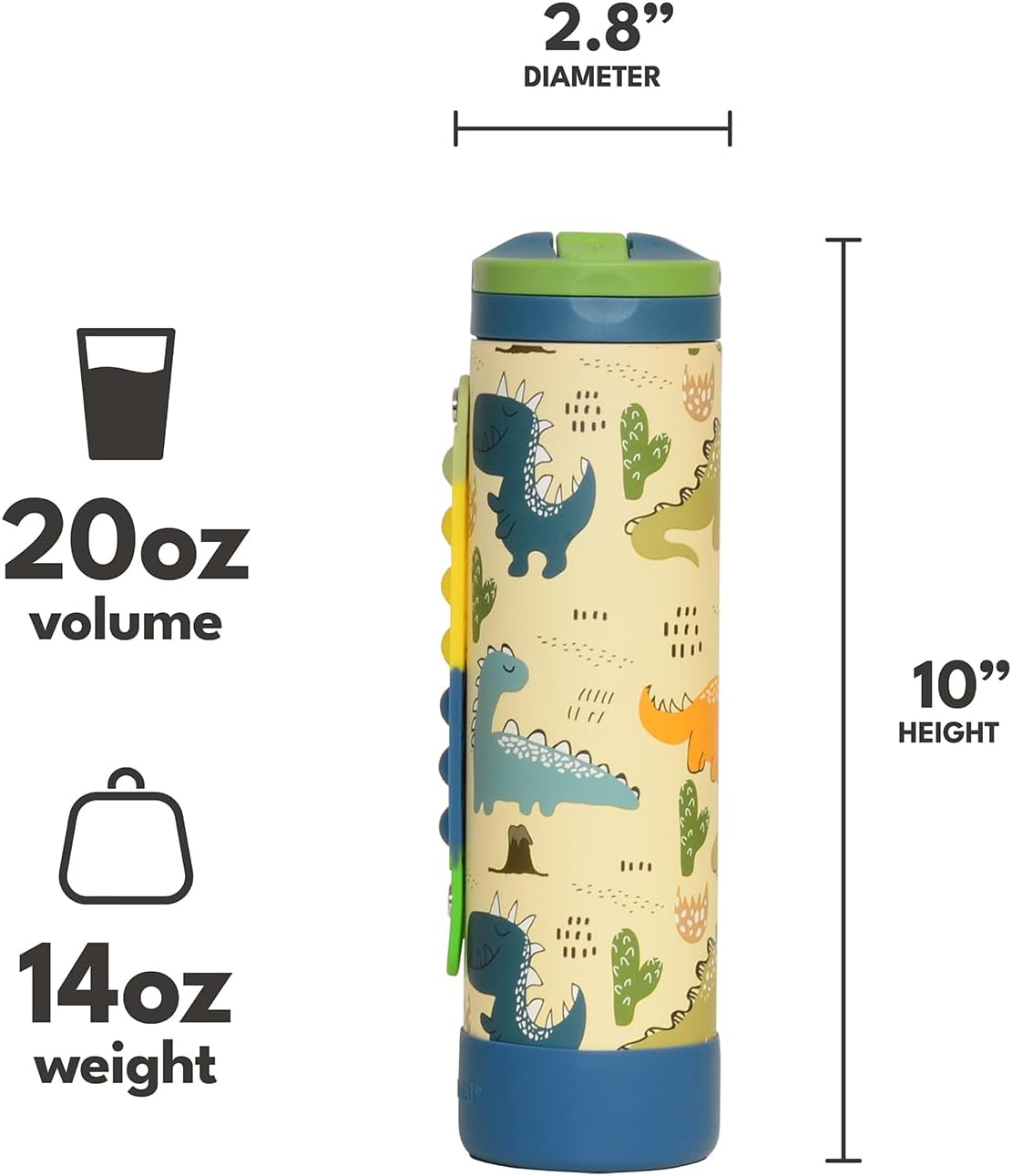 Elemental Iconic Kids Water Bottle for School - 100% Leak-Proof Insulated Water Bottles with Straw Lid & Pop-It Handle for Boys & Girls - Triple-Wall Insulated & BPA-Free, 20oz – Dinosaur - Image 8