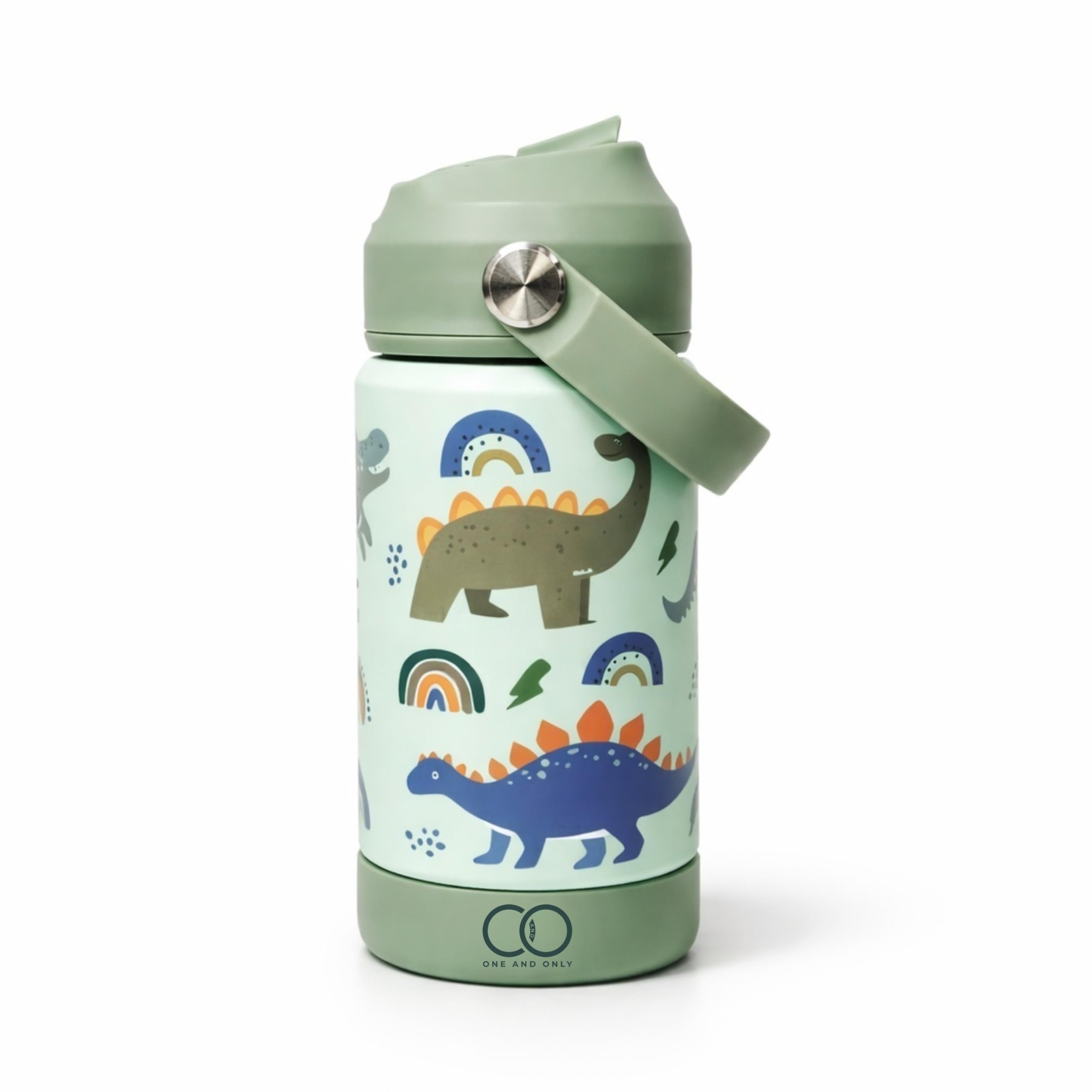 - ONE AND ONLY Kids Stainless Steel Water Bottle 350ml with Soft Spout & Silicone Handle | BPA Free Leak Proof School Sipper Bottle for Boys & Girls | Dinosaur Cartoon Print (Green)