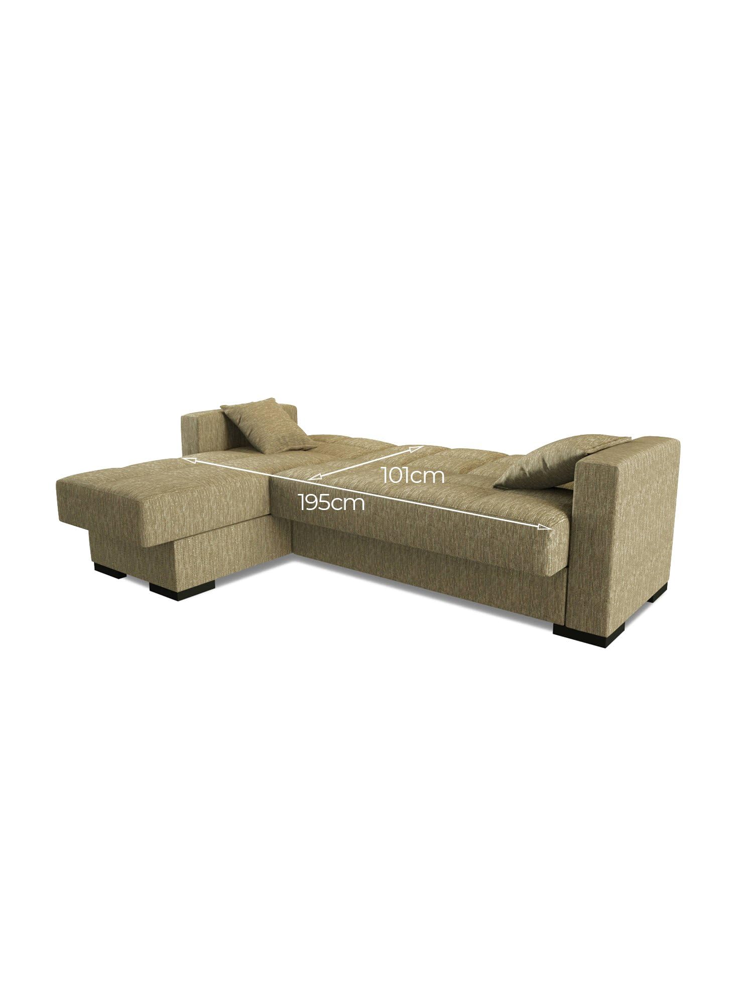 Dmora Divano Letto con penisola Fernando, Divano ad Angolo Reversibile, Sofà Contenitore da Soggiorno con Chaise Longue e 2 Cuscini, 230x150h81 cm, Beige