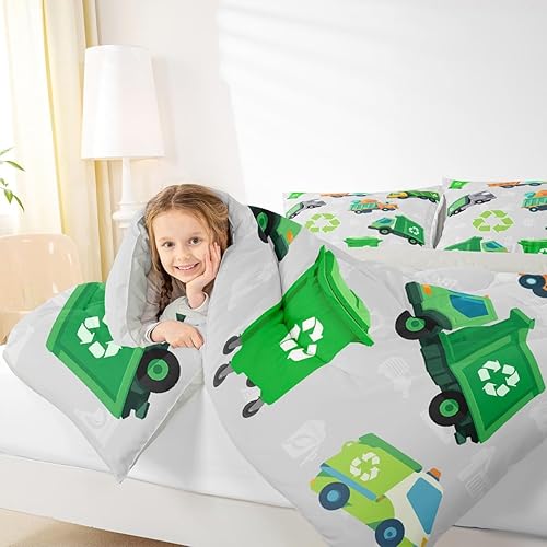Miniatura 7 de Feelyou Juego de ropa de cama verde con camión de basura para niños, niñas y adolescentes, juego de edredón de camión de basura de dibujos animados
