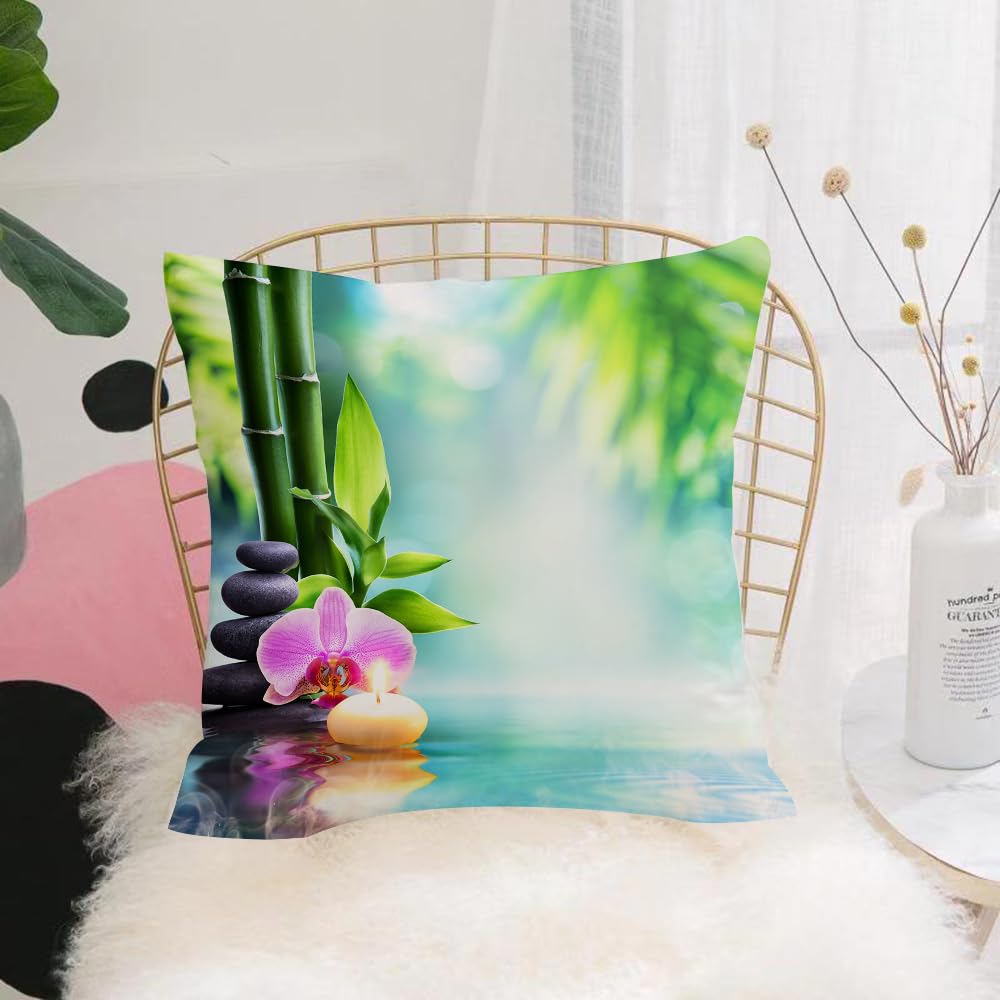 HYMSXW Cushion Cover,Throw Pillow Case Home Decorative for Living Room Bedroom Sofa Chair 20X20 Inch,Green Zen SPA Still Life Candle and Stone with Bamboo in Nature on Water Orchid,Pillowcase 50X50cm