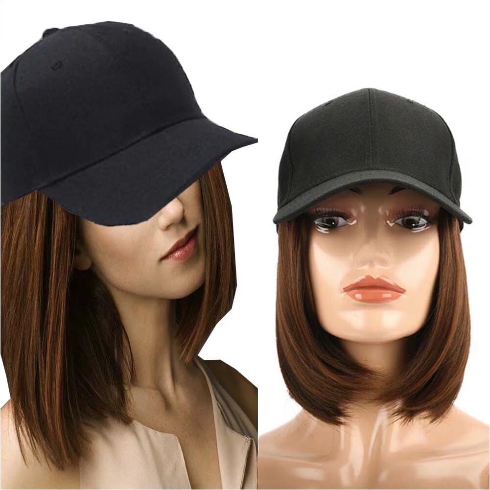 LaLuLoLi Light Brown Short Straight Bob Wig with Hat Wig 9" Short Synthetic Hair Extensions Hairpiece with Attached Adjustable Black Baseball Cap for Women Girl