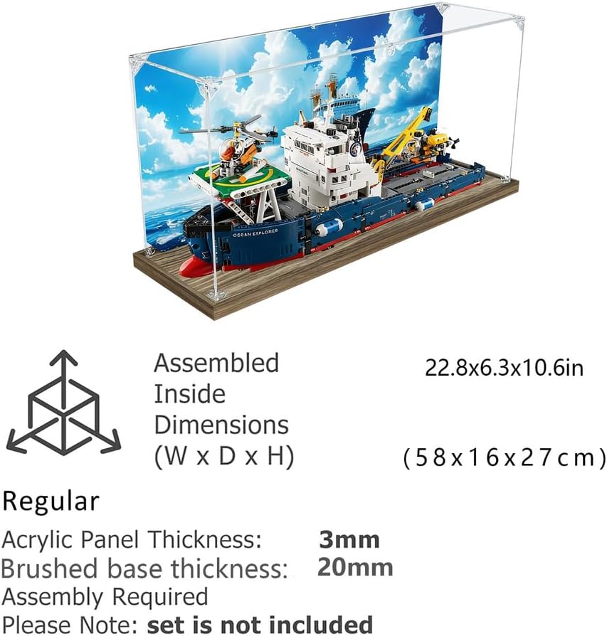 Acrylic Display Case for Lego 42064 Ocean Explorer Ship Building Toy, Transparent Dustproof Box 22.8x6.3x10.6in, 3mm Thick Acrylic Cover with 20mm Brushed Base, Snap-On Connectors