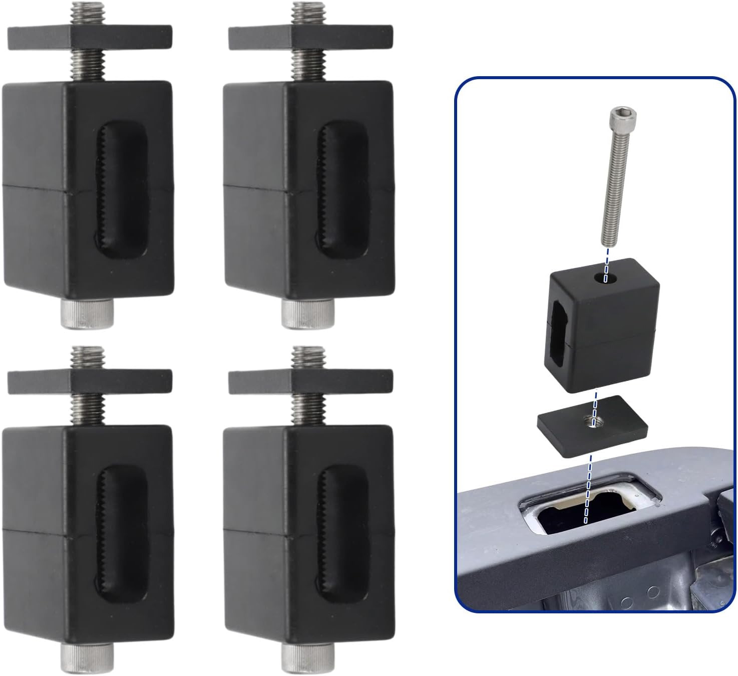 4 Sets Truck Bed Stake Pocket Mounting Kit Stainless Steel with Black Rubber Blocks – Universal Fit for Standard Truck Beds, Complete Hardware for Rack & Accessory Installation-Tougher Rubber Now