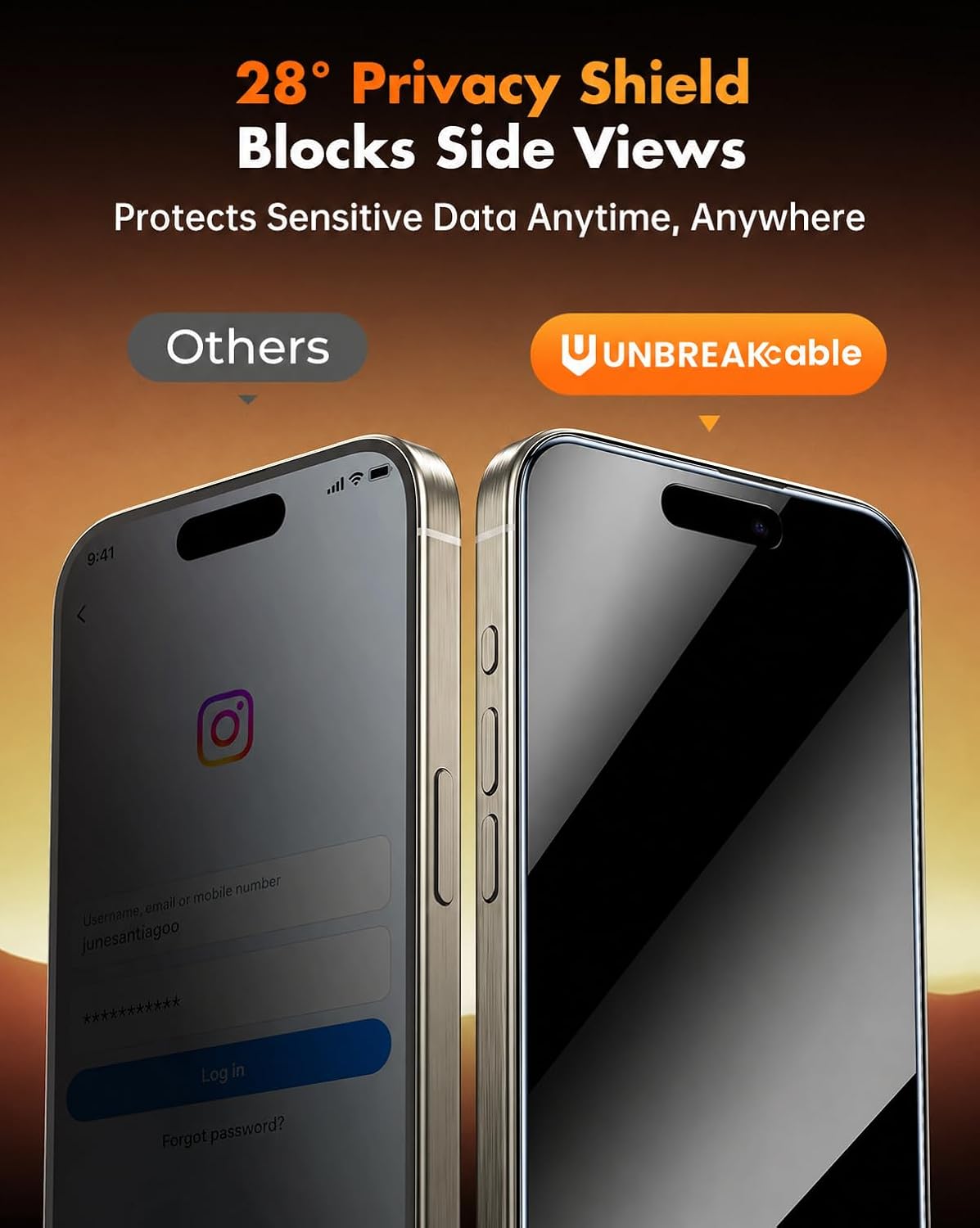 UNBREAKcable Privacy Screen Protector for iPhone 15 Pro Max, 3 Pack Full Coverage Tempered Glass [28° Anti-Spy] [9H Hardness] [Easy Installation Box] Shatterproof Private Screen Guard