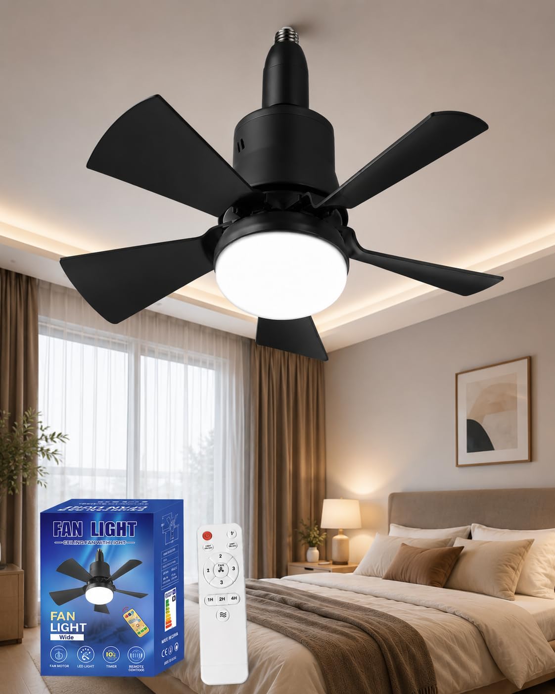 SmartBreez Pro 40W LED Ceiling Fan Light 20.5" Ultra-Quiet with Remote Control, E27 Ceiling Fan Light, Adjustable LED Brightness, 3-Speed Cooling for Bedroom, Apartment, Dorm，Black