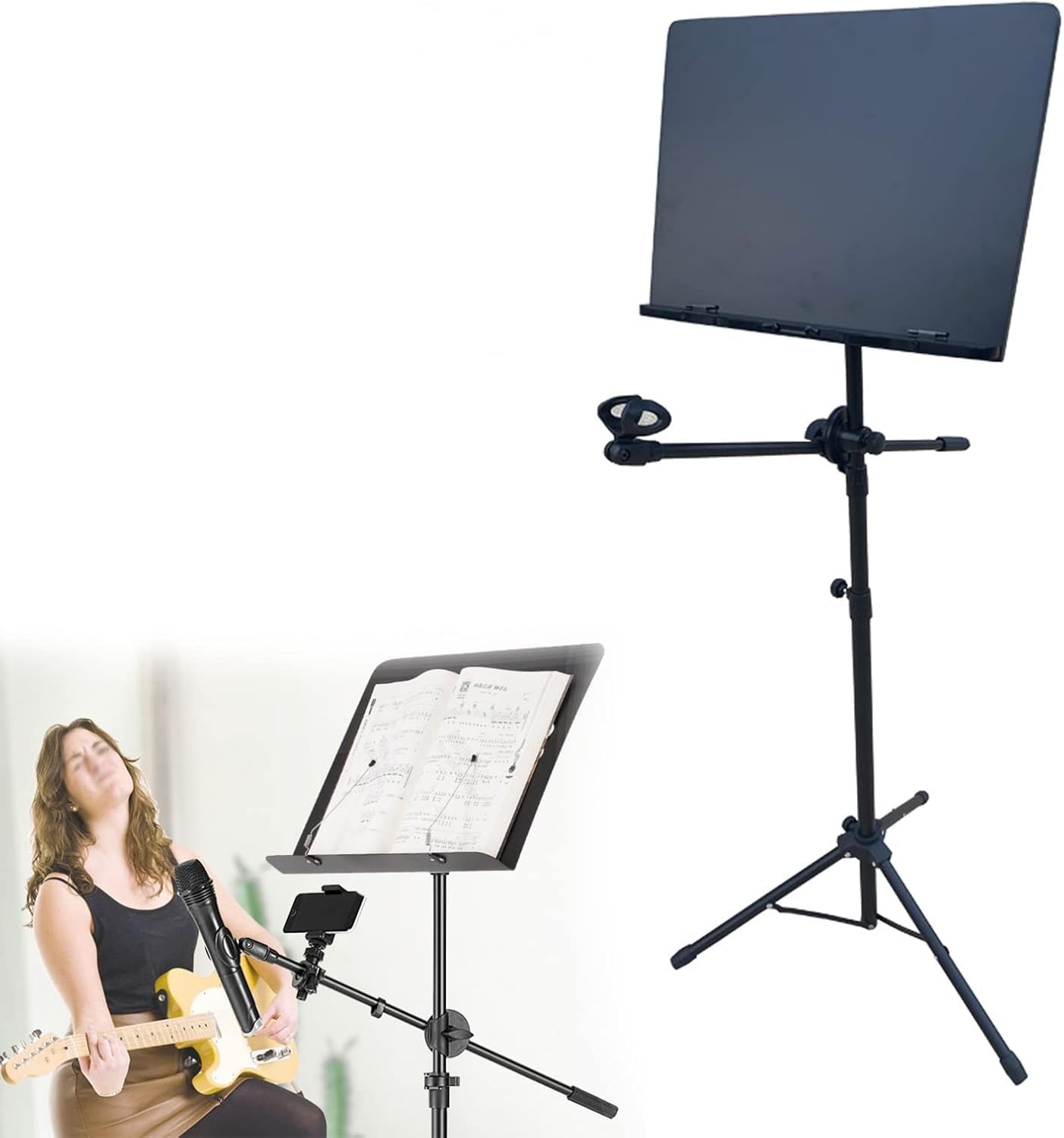Leggio pieghevole per spartiti musicali con supporto per telefono, portatile e pratico, per uso domestico o in studio