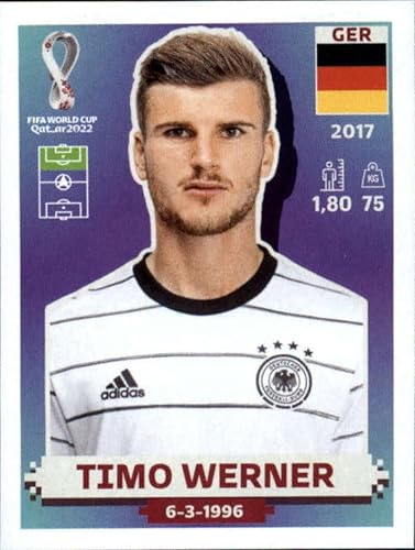 2022 Panini World Cup Soccer Sticker #GER20 Timo Werner Germany Group E Official Qatar WC Album Sticker in Raw (NM or Better) - Measuring 2 Inches