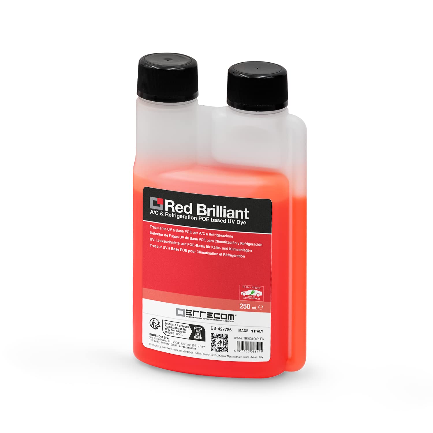 ERRECOM Red Brilliant - 250 ml, POE-basierter UV-Tracer zum Aufspüren von Kältemittellecks in Kfz-Klimaanlagen mit elektrischem Kompressor