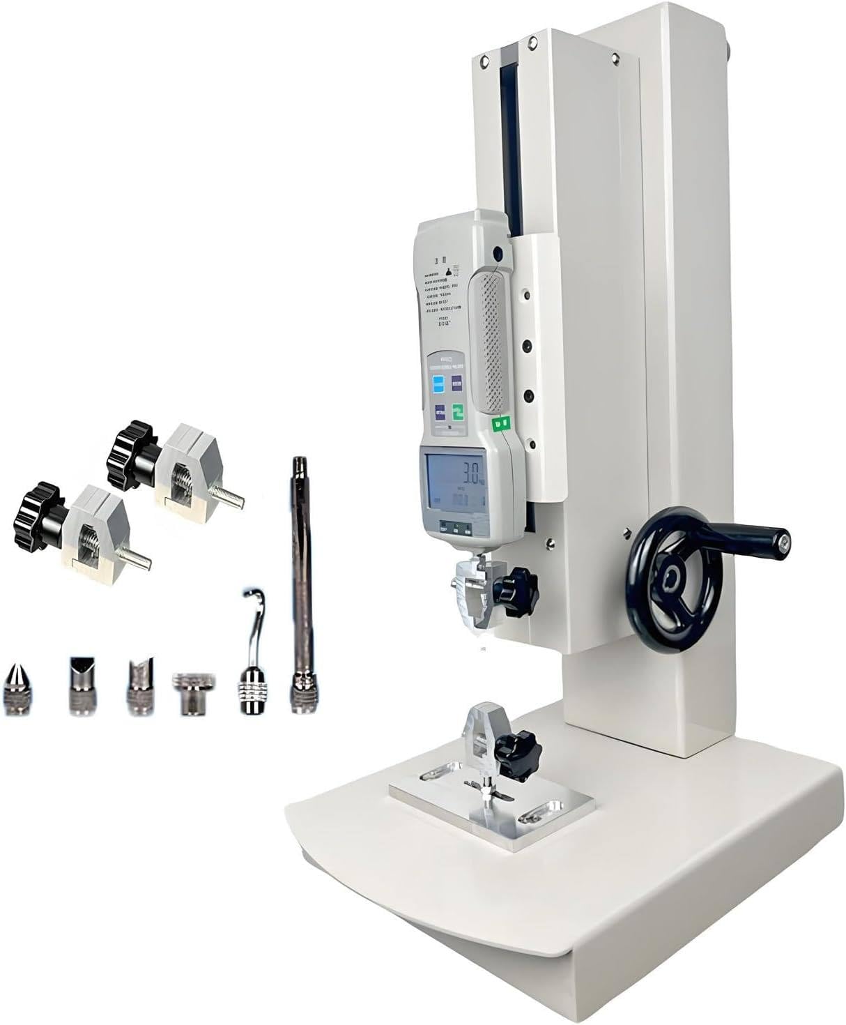 XUXIAO Hand Crank Vertical Tensile Test Bench, Spring Push Pull Force Gauge, with USB, Error 0.5%, Stroke 270mm, with 5 Probe, 2 Testing Clamp,for Compression and Tension Testing Standard-100N