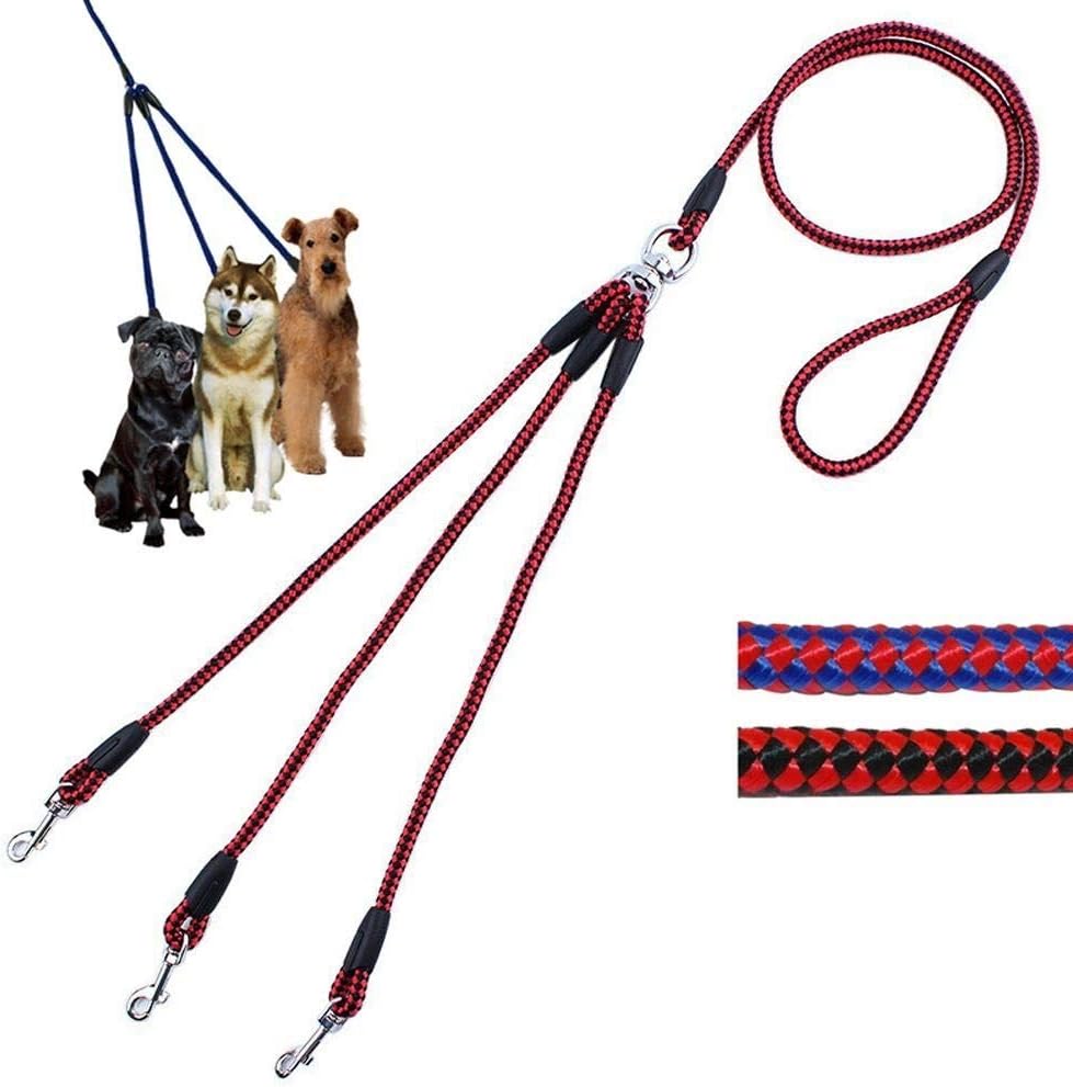 Basic Leashes Adjustable Nylon 3 Way No-Tangle Triple Couple Pet Dog Leash Lead with Padded Soft Handle (140cm) for Pet(Blue)