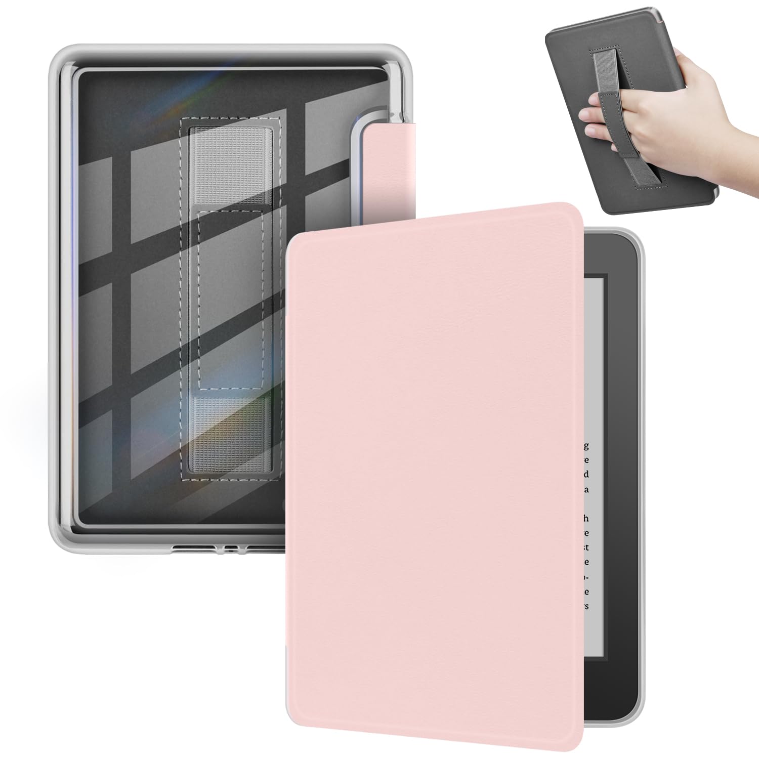 ERUNTO Hülle für 6,8-Zoll Kindle Paperwhite & Signature Edition, Transparenter Acrylrücken, Magnetische Abdeckung mit Handschlaufe, Automatisches Aufwachen/Schlafen(Rosa)