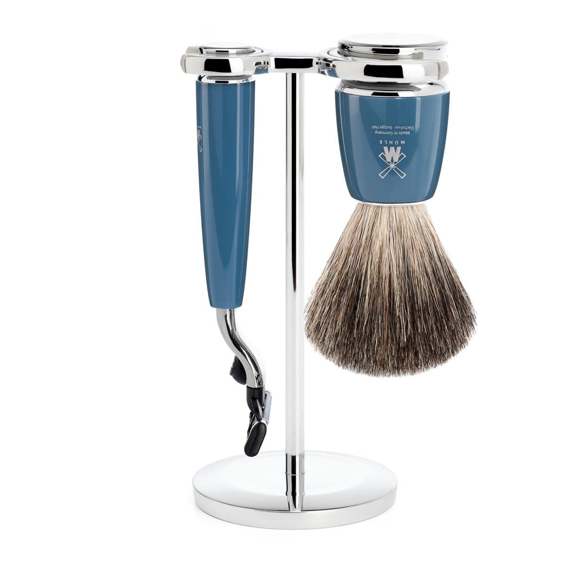 MÜHLE Rytmo 3 tlg Rasierset - Rasierer kompatibel mit Gillette-Klingen, Dachshaar-Rasierpinsel, Halterung - petrol
