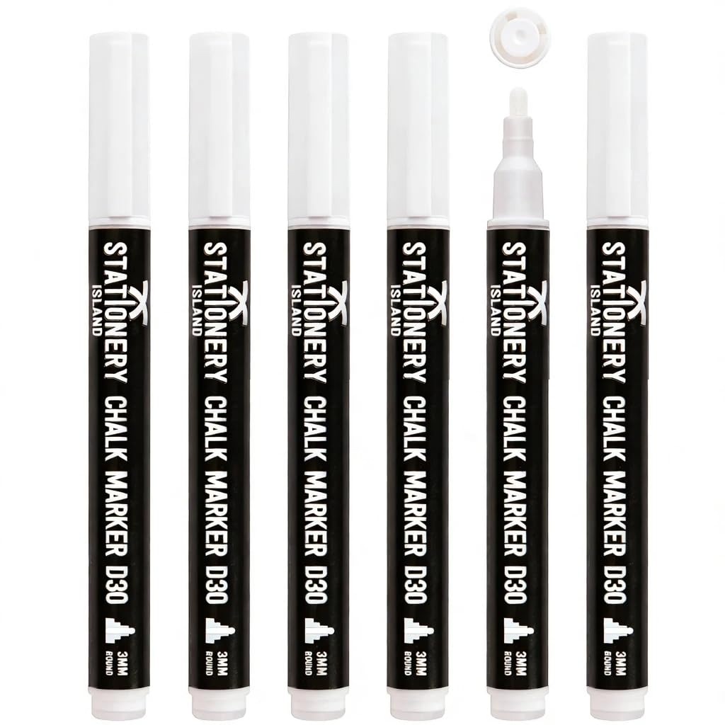 Stationery Island Rotuladores Tiza Liquida, Rotulador Tiza Liquida, Rotuladores Cristal Borrable para Pizarras, Decoracion Navidad, Ventanas, Christmas, Punta Fina Redonda 3mm - Pack de 4 Blancos