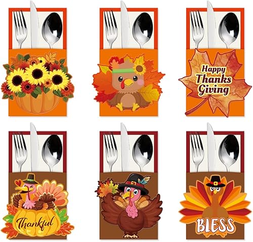 24 Pieces Thanksgiving Cutlery Holders Silverware Paper Pocket Pouch Turkey Tableware for Thanksgiving Turkey Party Autumn Fall Harvest Table