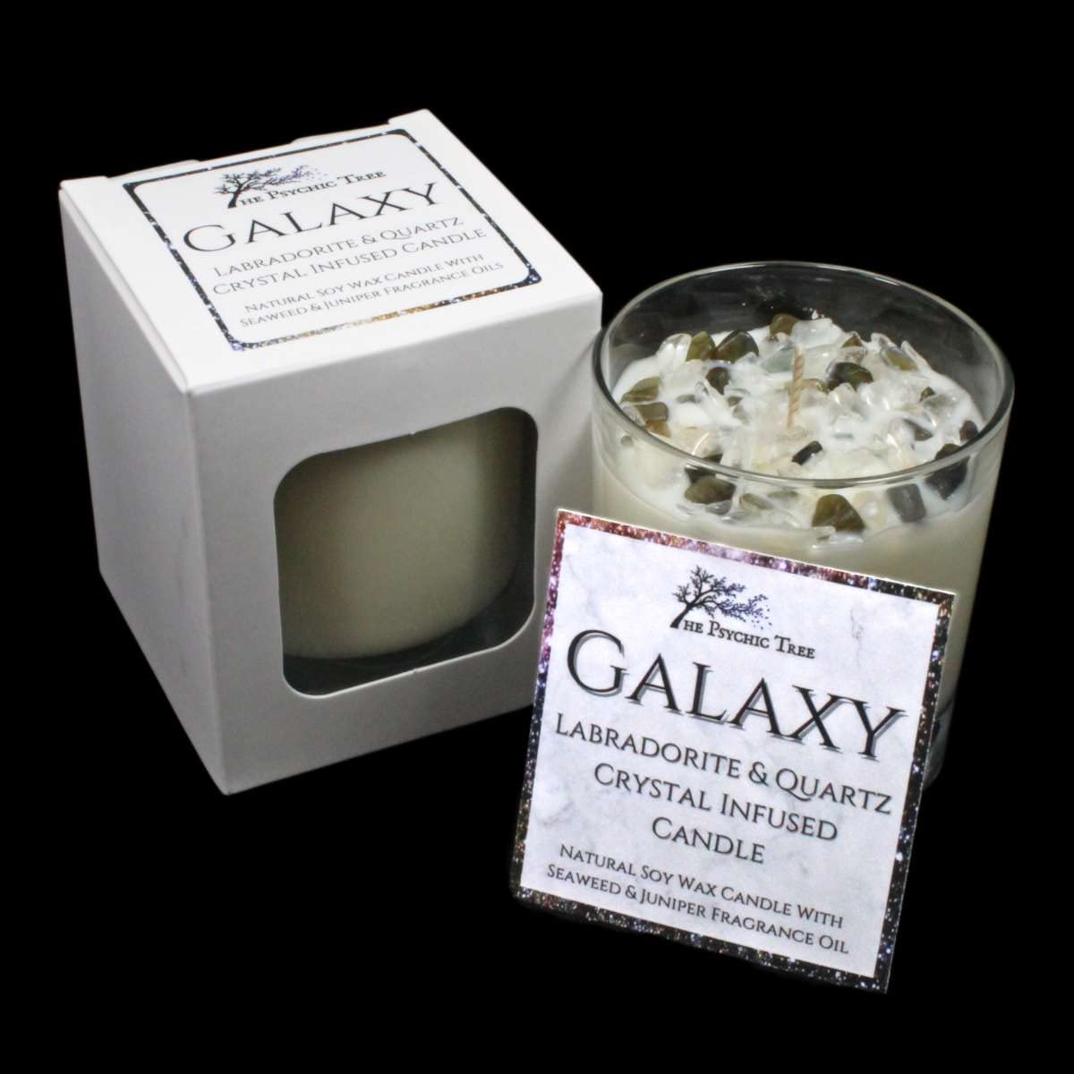 Galaxy - Crystal Infused Scented Candle Infused with Labradorite and Clear Quartz Healing Crystal Chips, and is Scented with Fresh and invigorating Fragrance of Seaweed and Juniper