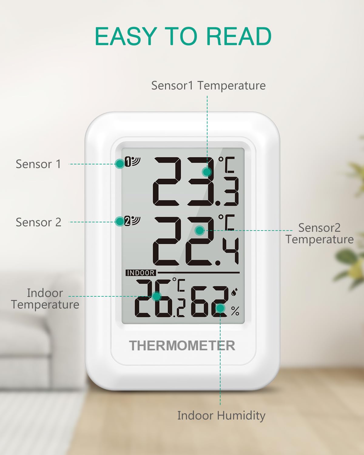 ORIA Bezprzewodowy termometr wewnętrzny z 2 czujnikami, cyfrowy higrometr do szklarni, domu, ogrodu i stawu, miernik temperatury wilgotności z MAX/MIN, °C/°F