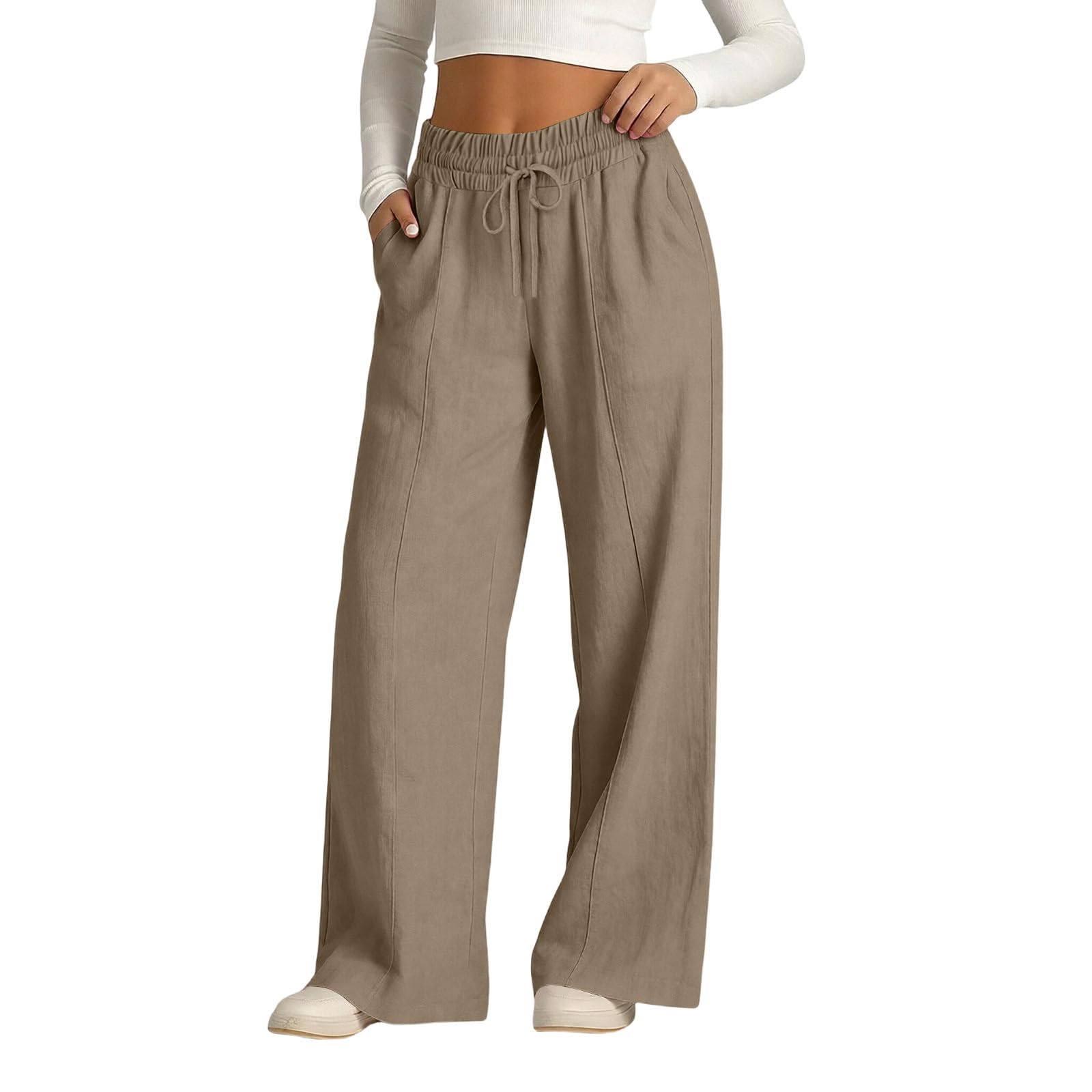 Women's Cotton Linen Pants Summer Straight Wide Leg Trousers Drawstring Elastic Waist Loose Beach Vacation Outfits - 3