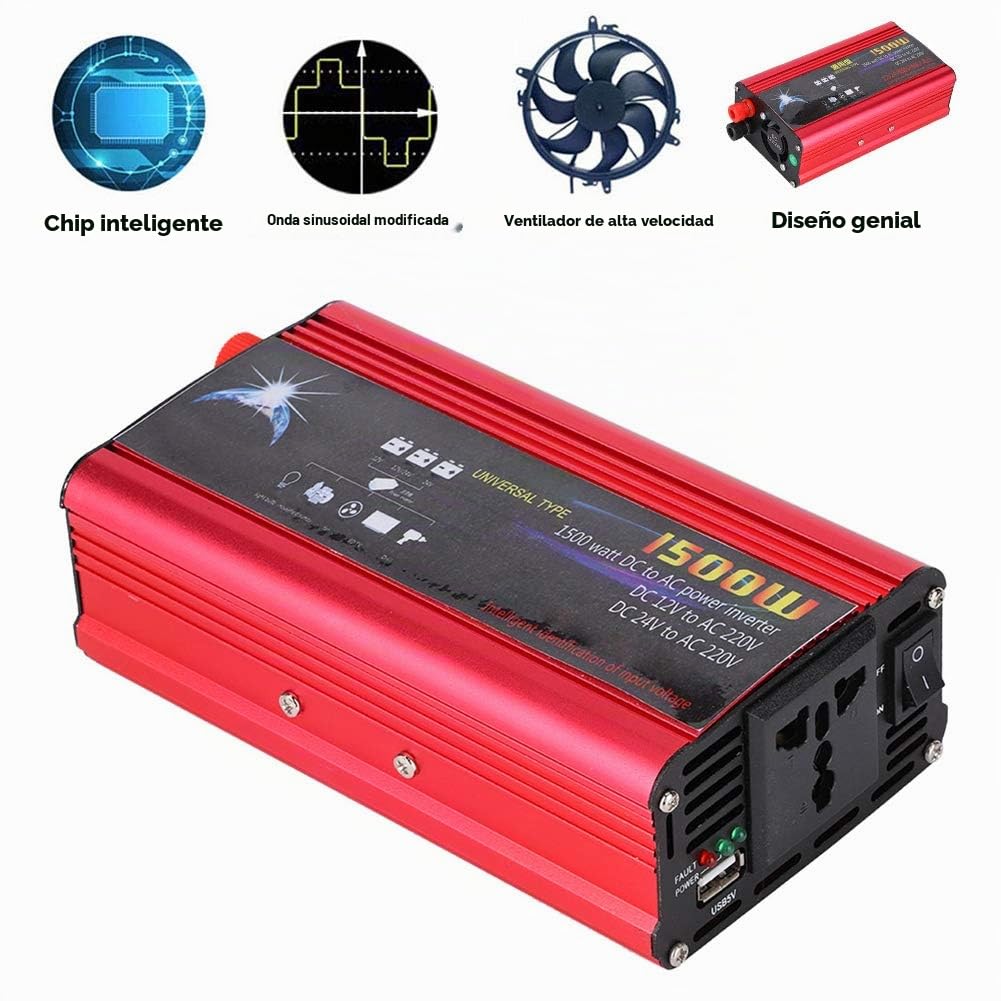 Qiilu Inversor de Corriente 1500W para Coche, Transformador De 12v A 220v Convertidor Onda Pura sinusoidal con Puertos USB De 3,1
