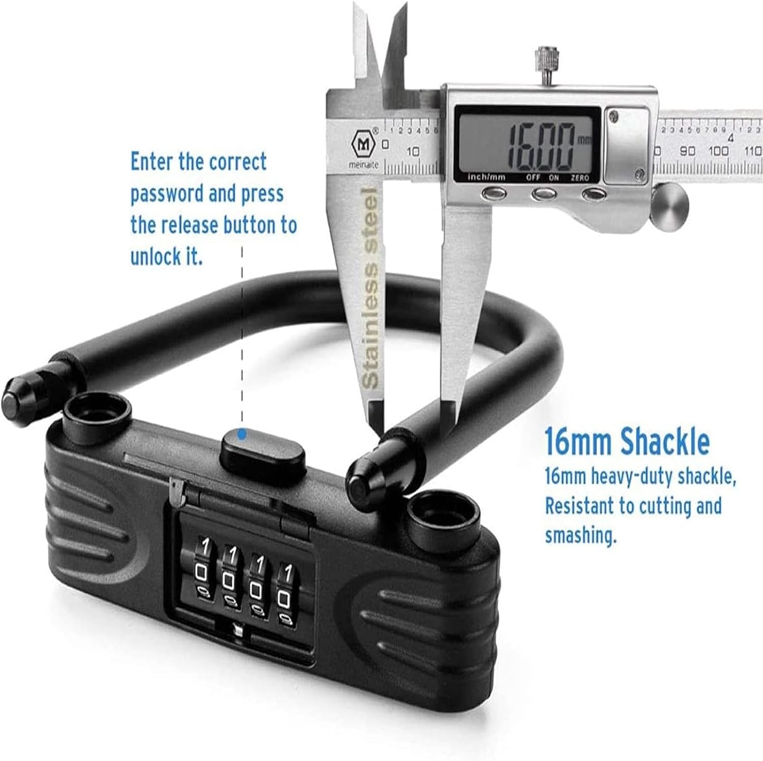 Heavy Duty U Lock, 4 Digit Combination Password Bicycle Lock with U-Lock Shackle, Waterproof, No Key, Bike U Lock for Home, School, Travel, Black