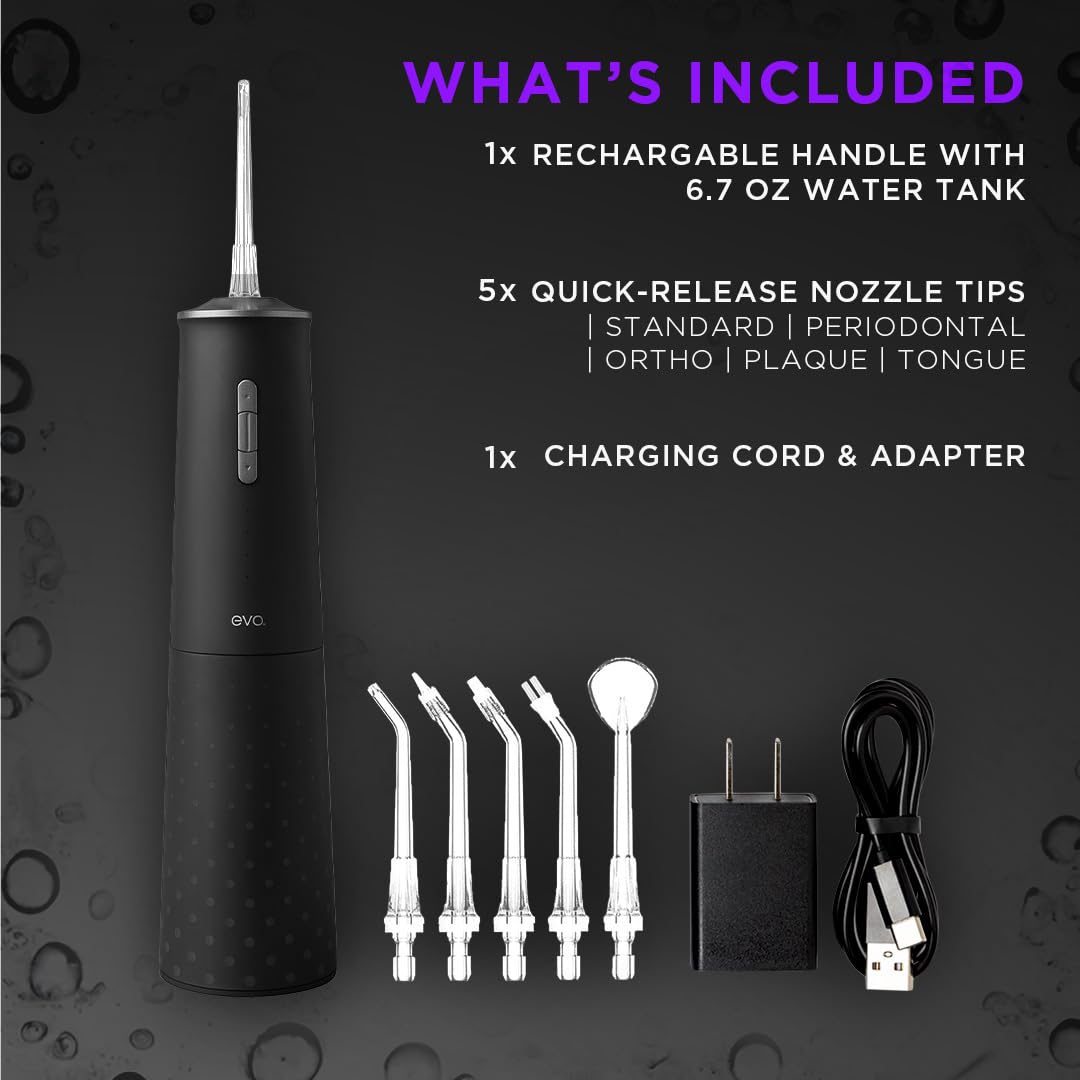 EVO Jet-1 Water Flosser: herramientas dentales avanzadas con 5 boquillas de fácil liberación, 8 intensidades, 2 modos de chorro de agua, mango impermeable y ergonómico, temporizador de 2 minutos con