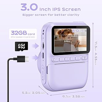Kids Camera Instant Print, 3.0'' Large Screen Instant Camera for Kids with 32GB Card & 3 Rolls Print Paper, 1080P Kids Selfie Digital, Gift Toy for Boys Girls 3-12 Years Old, Purple