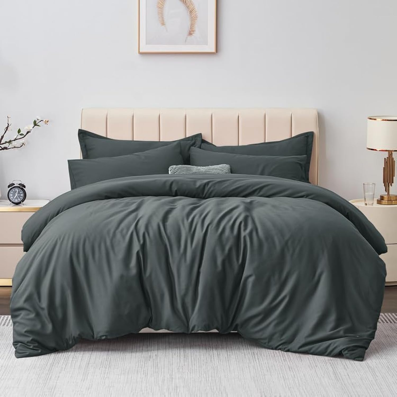 Aisbo Dark Grey Double Duvet Covers Set - 3Pcs Bedding Set Double Bed Soft 90Gsm Brushed Microfiber Quilt Cover With 2 Pillowcases